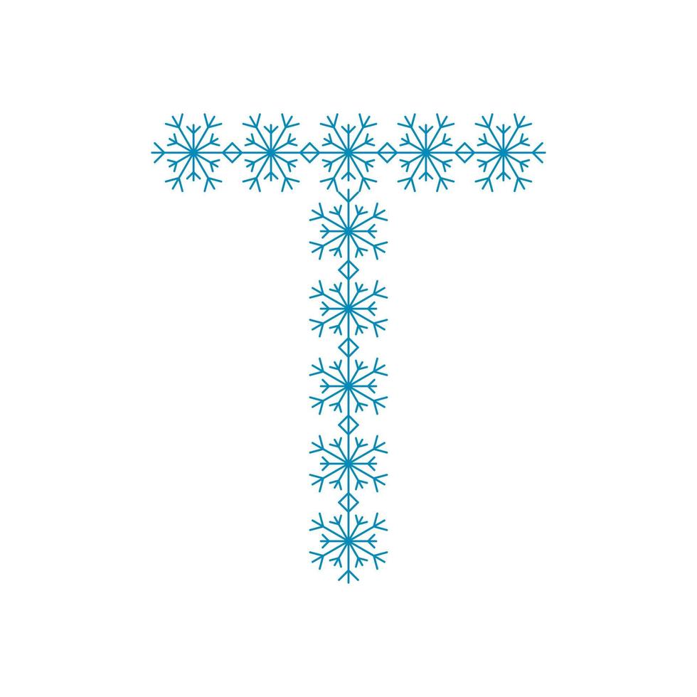 letter t van sneeuwvlokken. feestelijk lettertype voor nieuwjaar en kerst vector