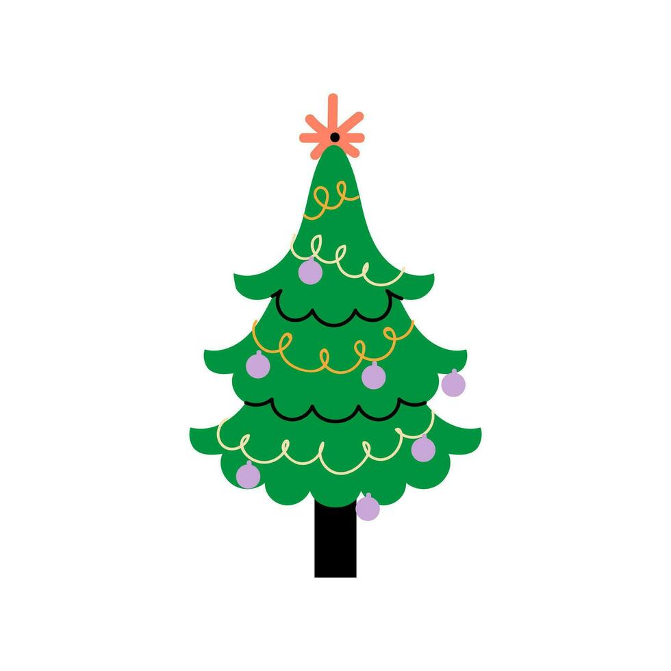 vector versierd nieuw jaar boom modern tekenfilm Kerstmis Spar met Kerstmis nieuw jaar decoraties, illustratie