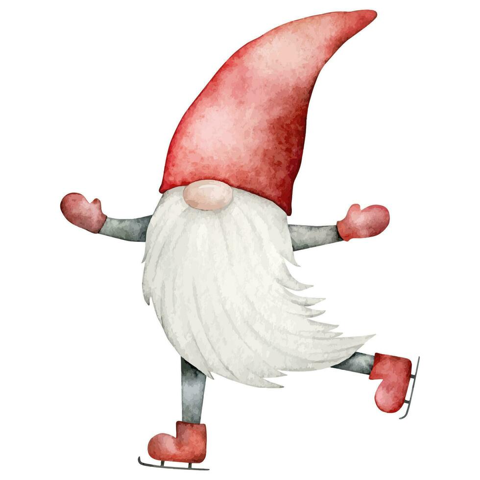 nordic traditioneel gnoom in een rood hoed het schaatsen. grappig nieuw jaar en Kerstmis Scandinavisch trol, dwerg. hand- getrokken waterverf illustratie voor souvenirs, groet kaart, sticker, poster. vector