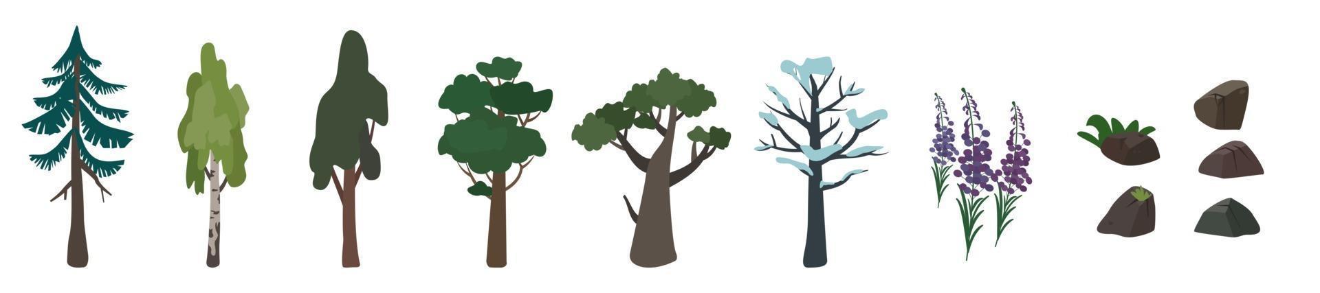 set van iconen van bomen berken, eiken, sparren en hun silhouet. groen en bruin natuursymbool vector