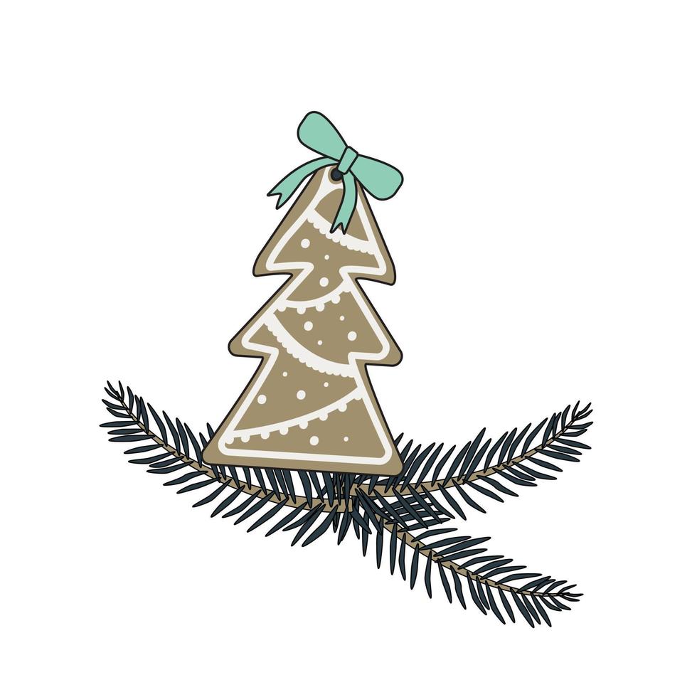 gelukkig nieuwjaar peperkoek met sparvormig glazuur en een rode strik en kerstboomtak. feestelijk decoratief element voor ontwerp voor Kerstmis en snoep voor de vakantie vector