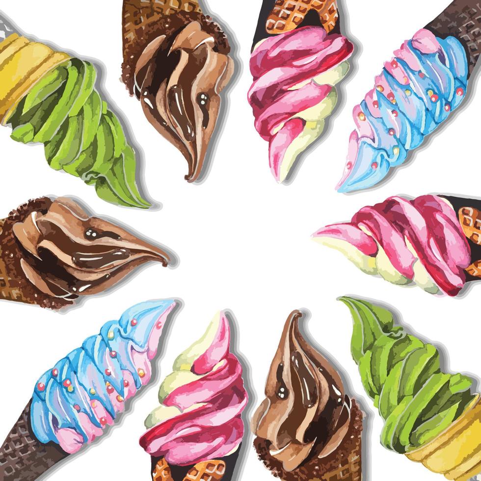 soft serve ijs aquarel achtergrond, frame, rand, patroon vector