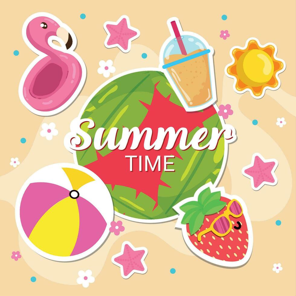 zomer tijd poster met schattig pictogrammen vector illustratie