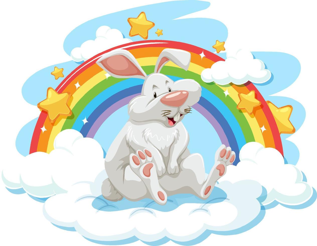 schattig konijn op de wolk met regenboog vector