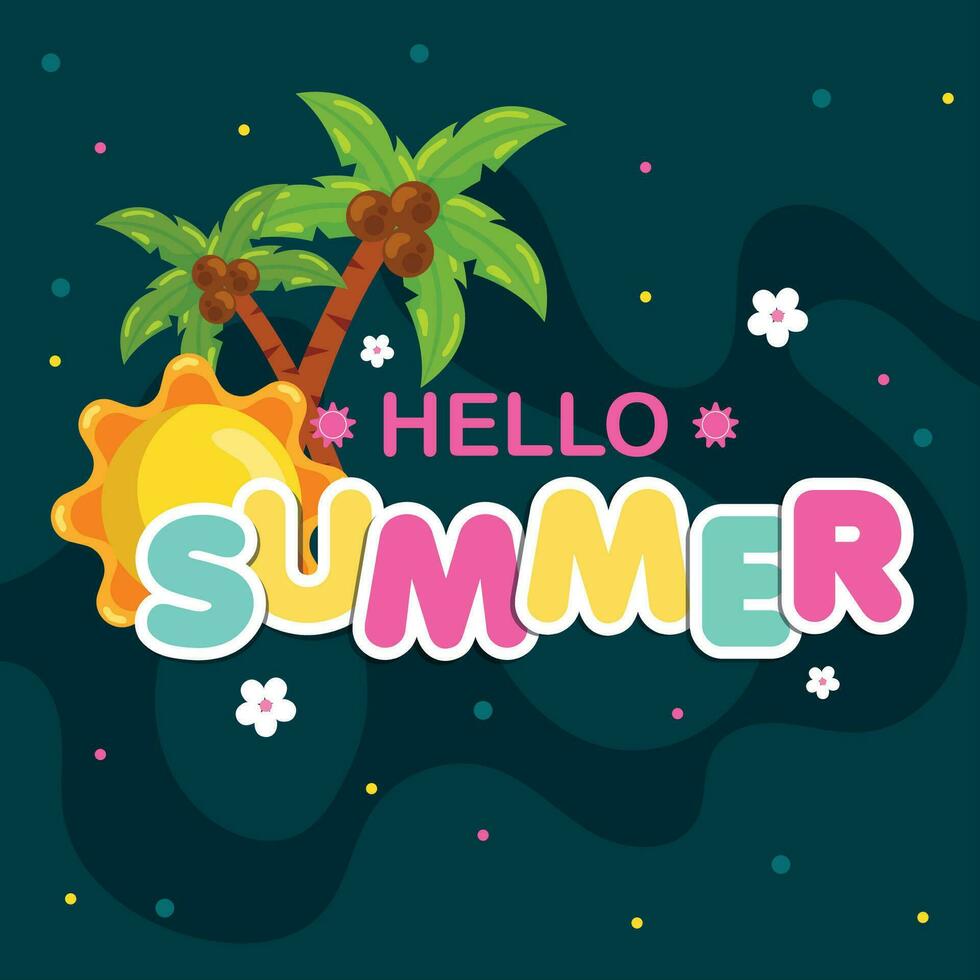 Hallo zomer poster met schattig palm bomen en zon pictogrammen vector illustratie