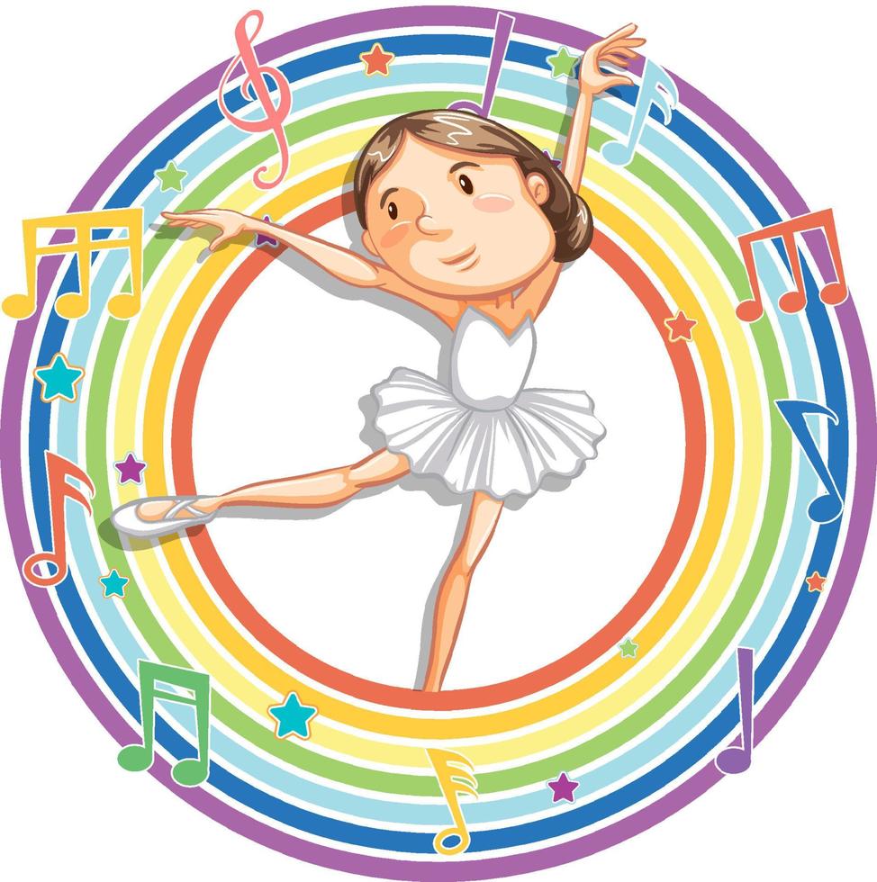 ballerina in regenboog rond frame met melodiesymbolen vector