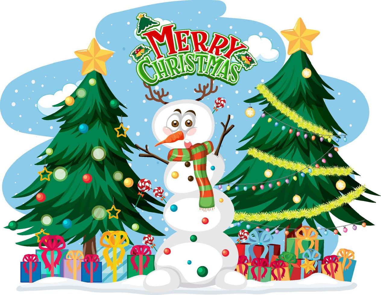 vrolijk kersttekstlogo met kerstboom en sneeuwpop vector