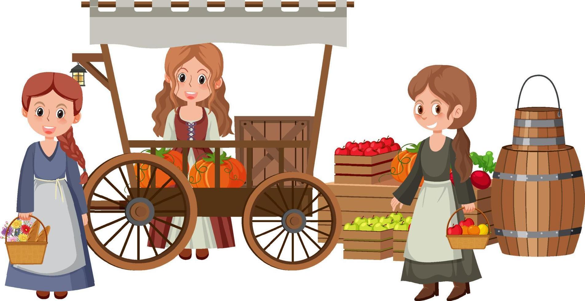 middeleeuwse dorpelingen bij fruitwinkel op witte achtergrond vector