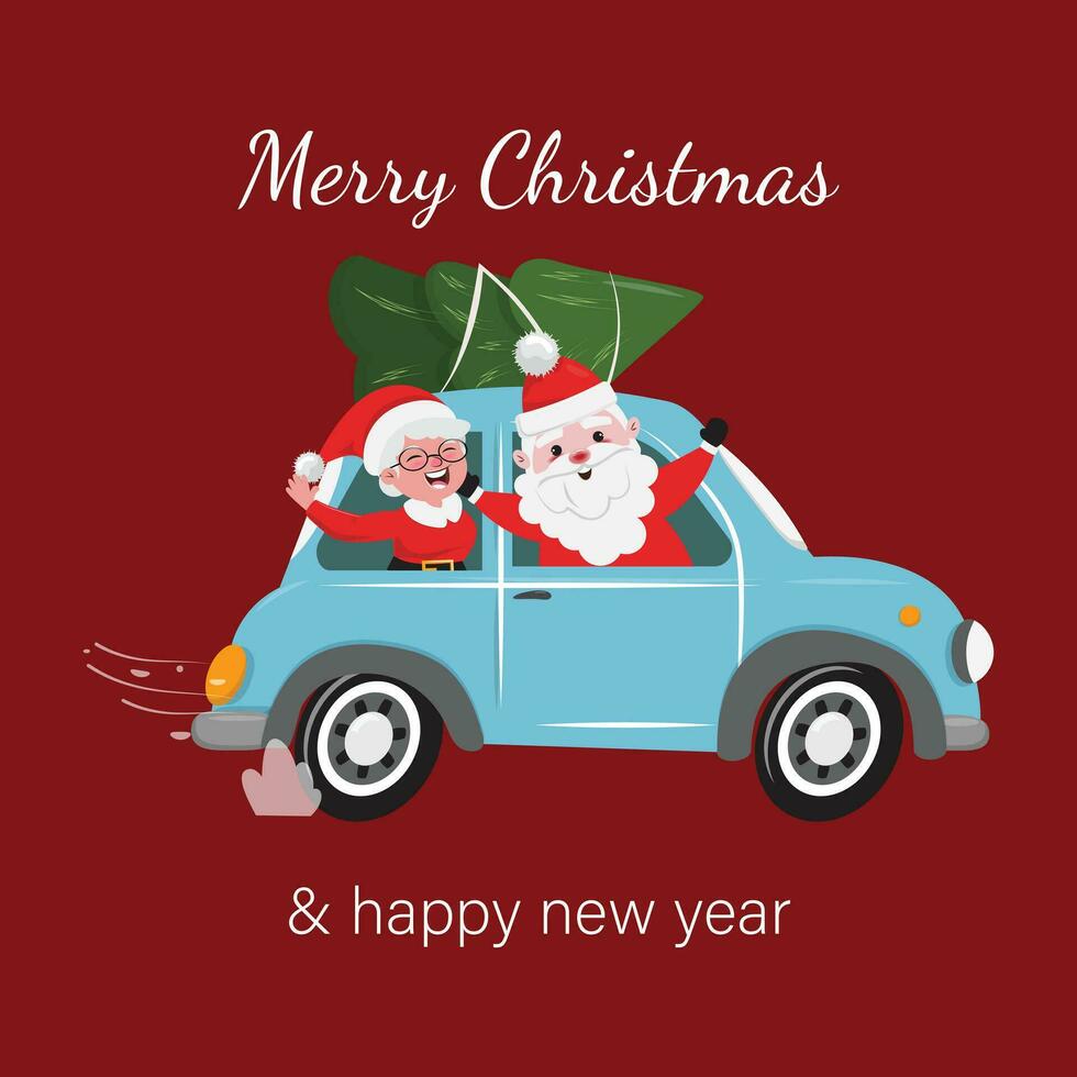 poster met de kerstman claus en Mevr. claus vervoeren Kerstmis boom in een blauw auto vector