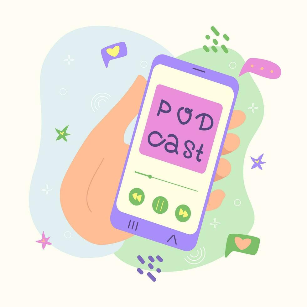 podcast concept. een hand- Holding een smartphone met een toepassing voor luisteren naar podcasts Aan de scherm. online podcasting show, afstand aan het leren, radio omroep. vlak vector illustratie