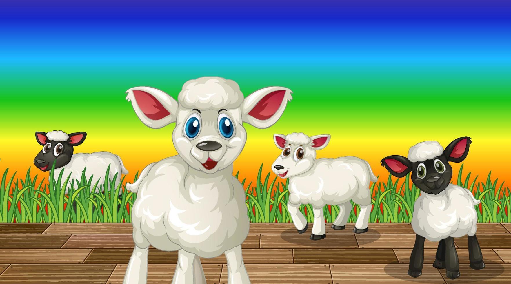 veel baby schapen stripfiguur op regenboog gradiënt achtergrond vector