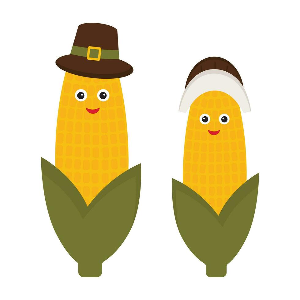 maïs in een pelgrims hoed. maïskolf van maïs. dankzegging dag. vector