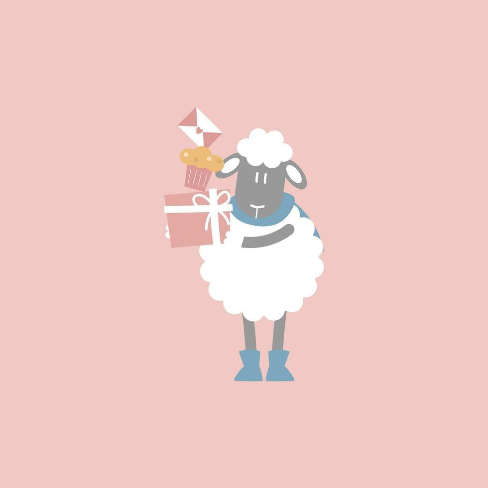 schattig en lief schapen Holding geschenk, koekje en liefde brief, gelukkig Valentijnsdag dag, verjaardag, liefde concept, vlak vector illustratie tekenfilm karakter kostuum ontwerp