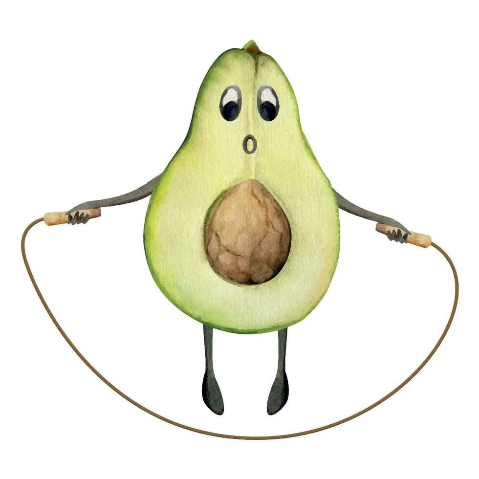 hand- getrokken waterverf schattig avocado karakter aan het doen oefening overslaan Aan springen touw. geschiktheid Gezondheid. illustratie geïsoleerd samenstelling, wit achtergrond. ontwerp voor poster, afdrukken, website, kaart, Sportschool vector