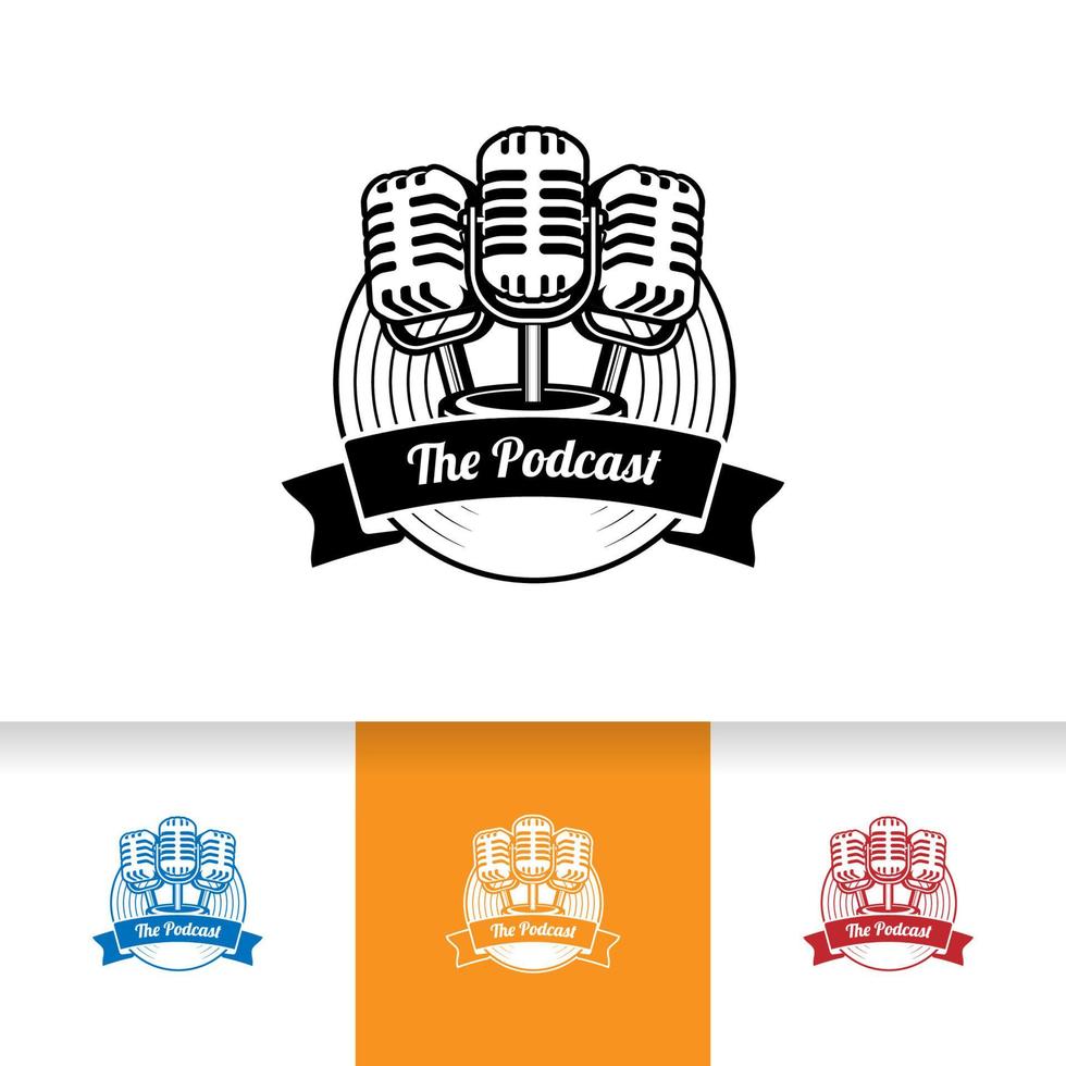 podcast of zanger vocaal karaoke-logo met microfoon en vinylpictogram. vector