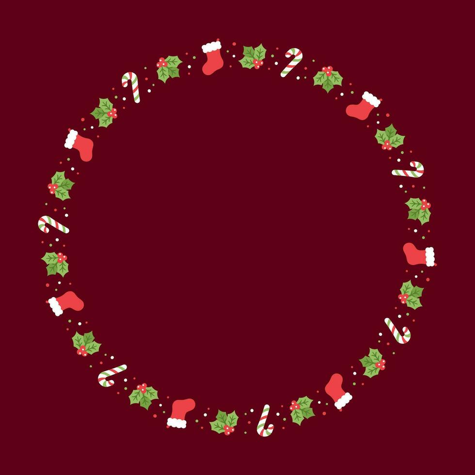 ronde Kerstmis kader grens, winter vakantie grafiek. schattig maretak, de kerstman kous en snoep riet patroon, kaart en sociaal media post sjabloon vector illustratie.