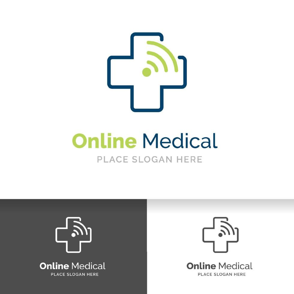 online medische logo ontwerpsjabloon. gezondheid en geneeskunde symbool. vector