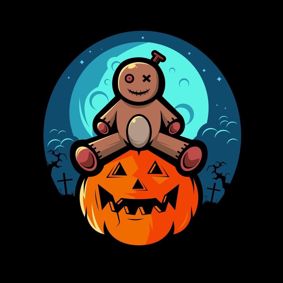 een schattige halloween voodoo-pop zittend op een pompoen vector