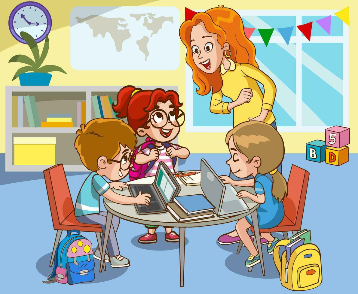 vector illustratie van gelukkig schattig kinderen jongen en meisje werken Aan de computer Bij de tafel