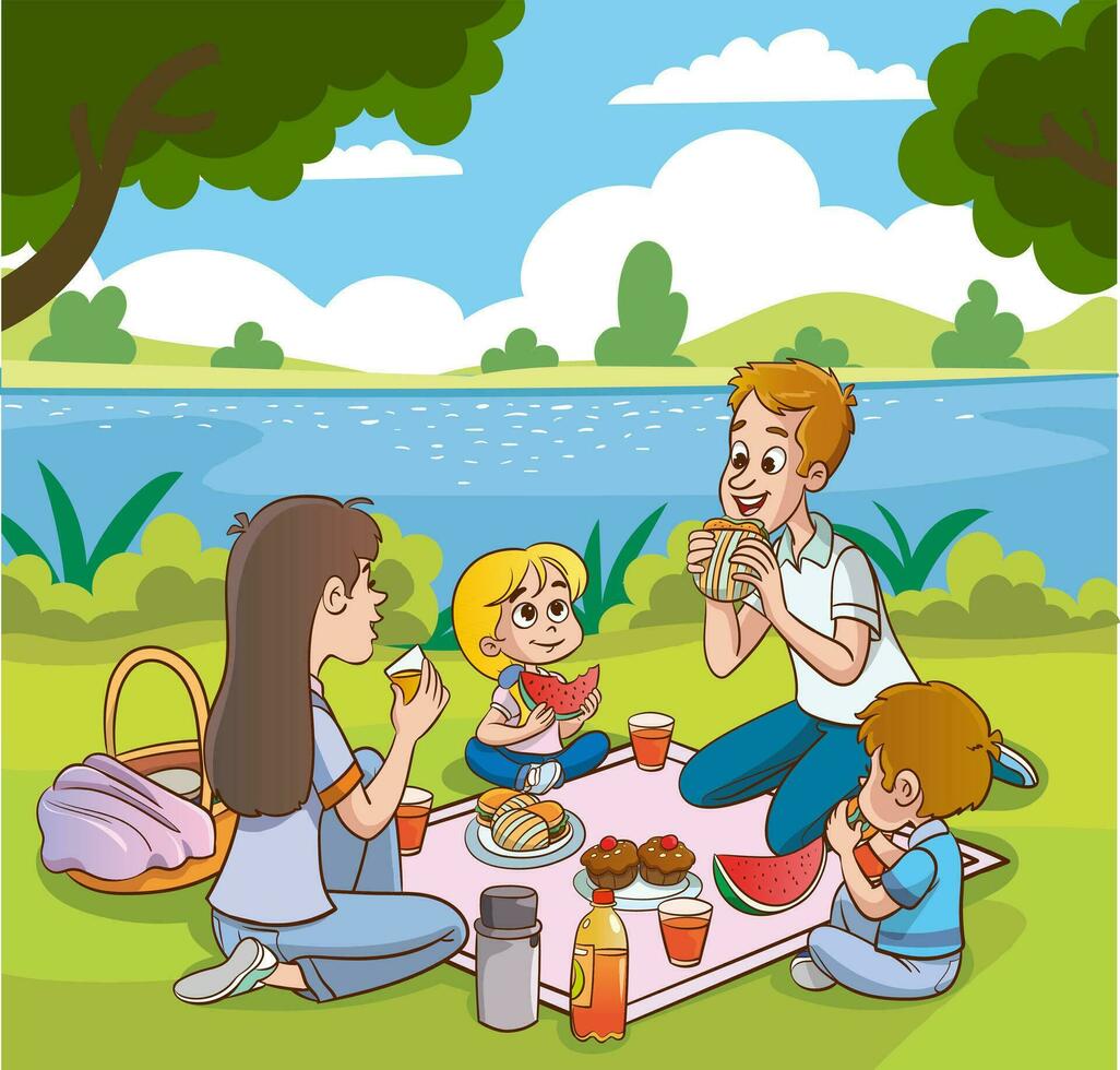 familie picknick in de park. moeder, vader en kinderen aan het eten een belegd broodje en drinken sap. vector illustratie