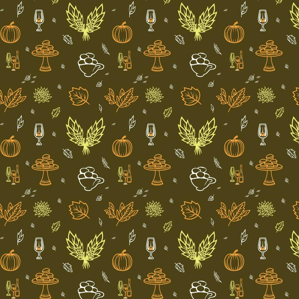 hand getekend herfst- bier en hop patroon Aan donker groen achtergrond vector