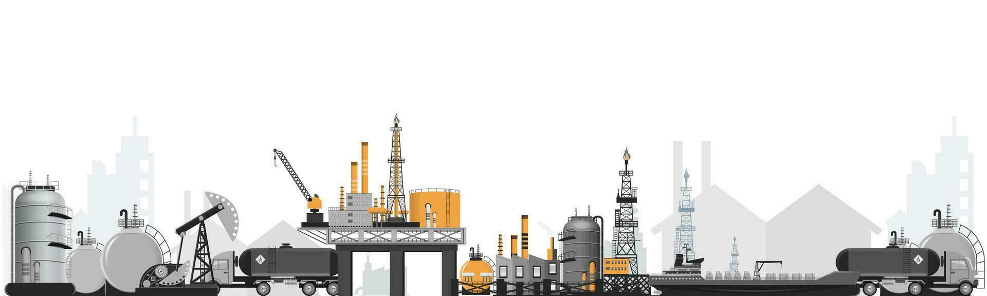 olie industrie platform banier met boren tuigage toren station, olie opslagruimte tank, petroleum benzine opslagruimte tank en vervoer. poster brochure folder ontwerp. vector illustratie eps10