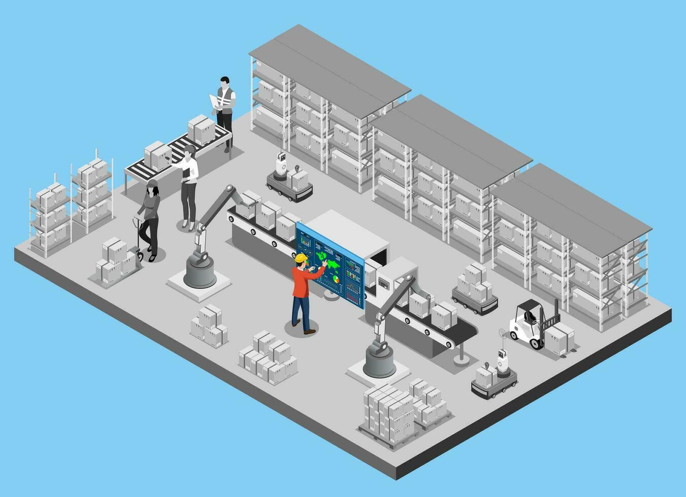 3d isometrische geautomatiseerd magazijn robots en slim magazijn technologie concept met magazijn automatisering systeem, autonoom robot, vervoer operatie onderhoud. vector illustratie eps 10