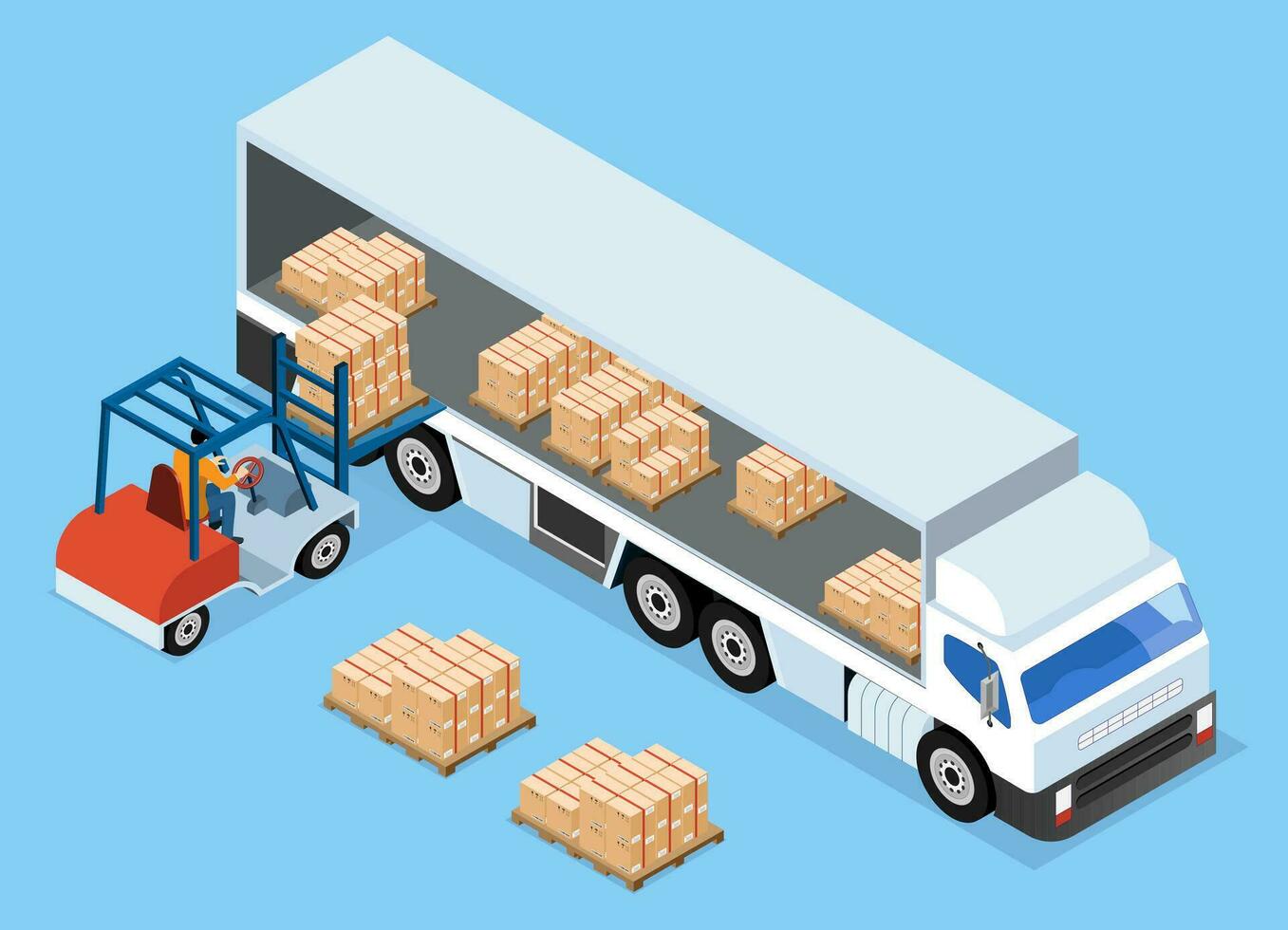 heftruck bezig met laden pallet dozen van magazijn in vrachtwagen. isometrische vector illustratie eps10