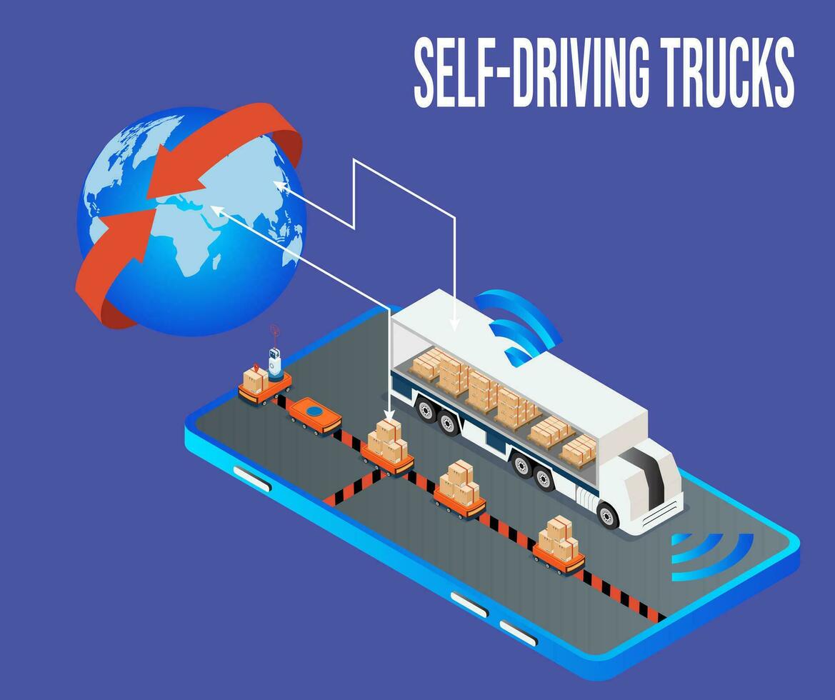 een zelfrijdend vrachtauto met robots bezig met laden lading in vrachtauto met automatische piloot. vector isometrische illustratie eps10