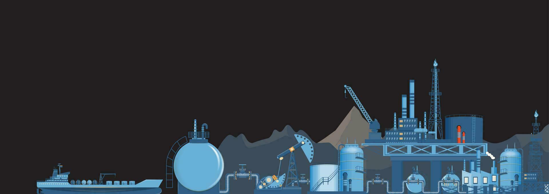 gas- en olie industrie extractie platform banier met bijgebouwen, olie opslagruimte tank. poster brochure folder ontwerp. vector illustratie eps10
