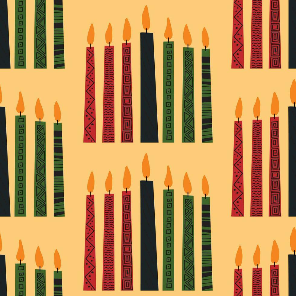 naadloos patroon achtergrond voor kwanzaa, afdrukken met hand- getrokken kinara zeven kaarsen versierd met etnisch ornament. Afrikaanse Amerikaans erfgoed vakantie. vector achtergrond.