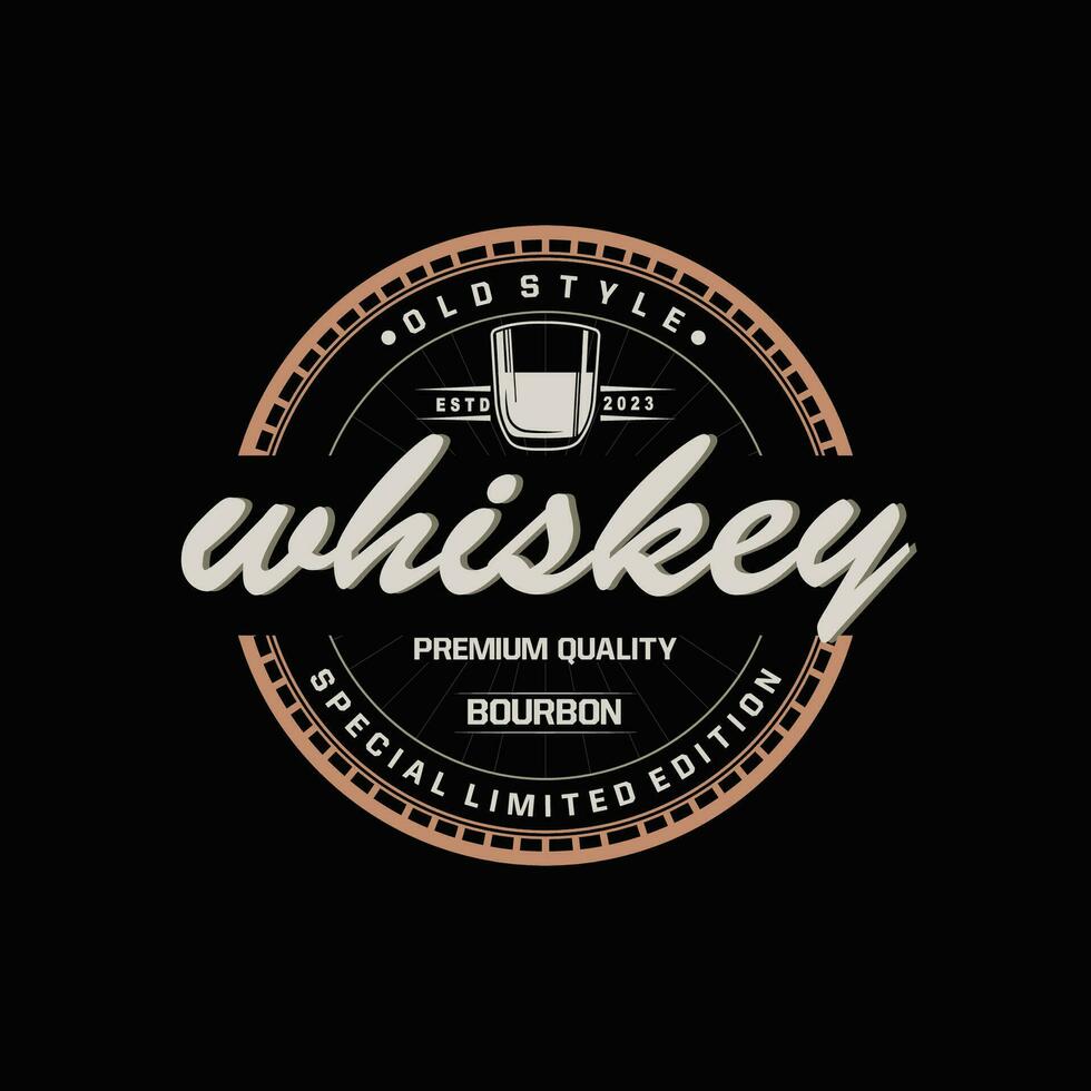 whisky logo, drinken etiket ontwerp met oud retro wijnoogst ornament illustratie premie sjabloon vector