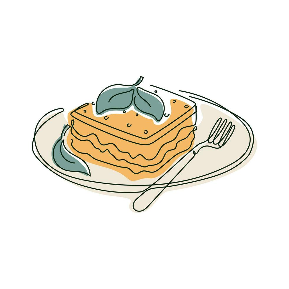 lasagne Aan een bord met vork en spinazie blad, vector geïsoleerd lijn kunst illustratie van Italiaans voedsel.