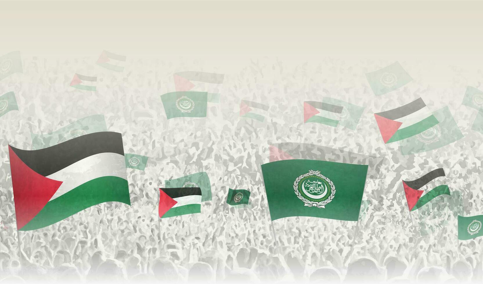 Palestina en Arabisch liga vlaggen in een menigte van juichen mensen. vector
