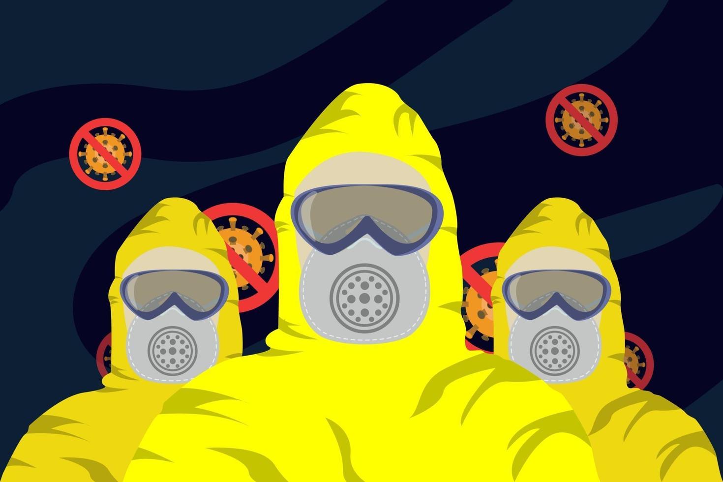 illustratie van afbeelding man in beschermend hazmat pak en geen virusteken vector