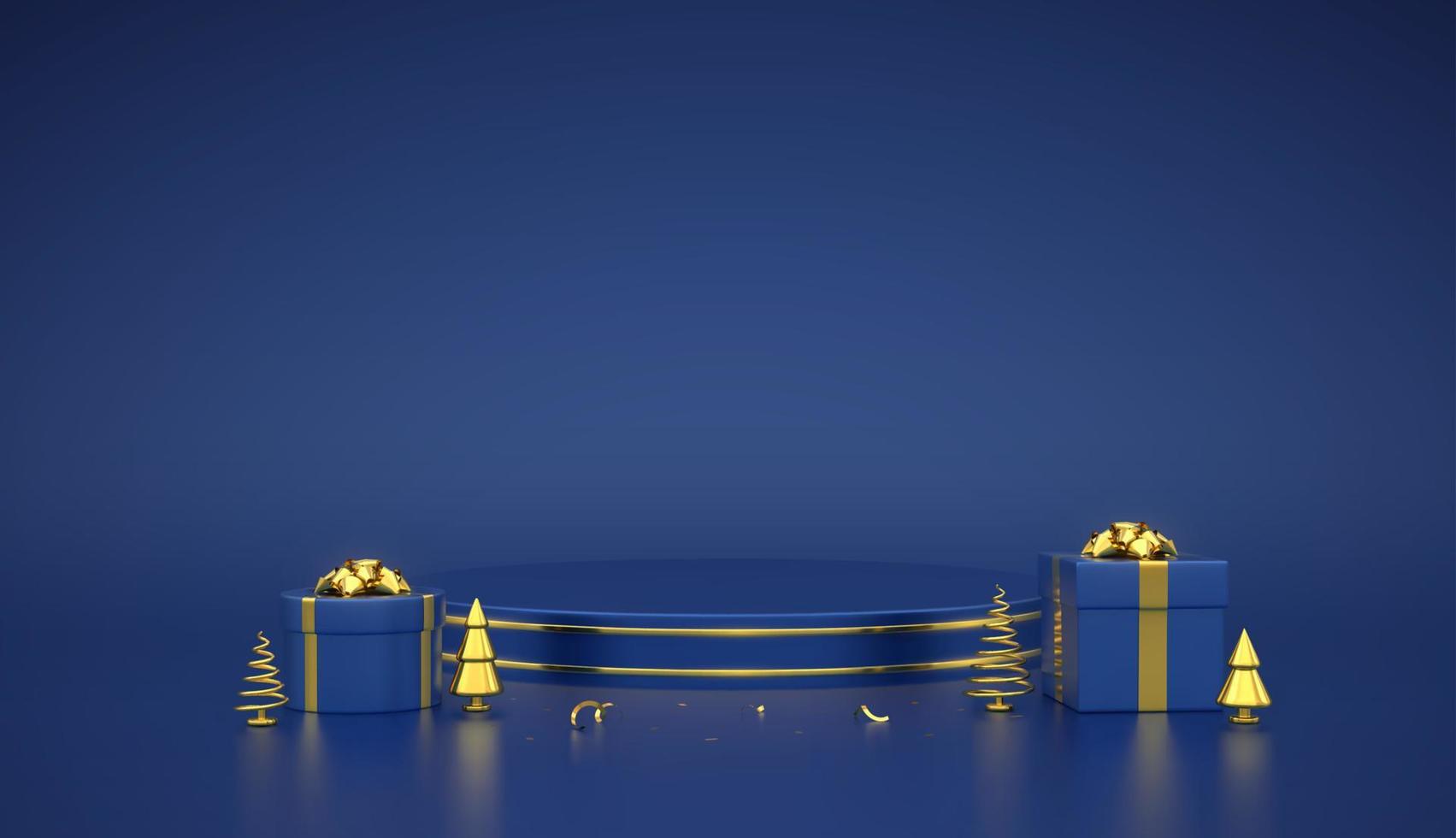 blauw rond podium. scène en 3D-platform met gouden cirkel op blauwe achtergrond. leeg voetstuk met geschenkdozen met gouden strik en gouden metalen dennen, sparren. realistische vectorillustratie. vector