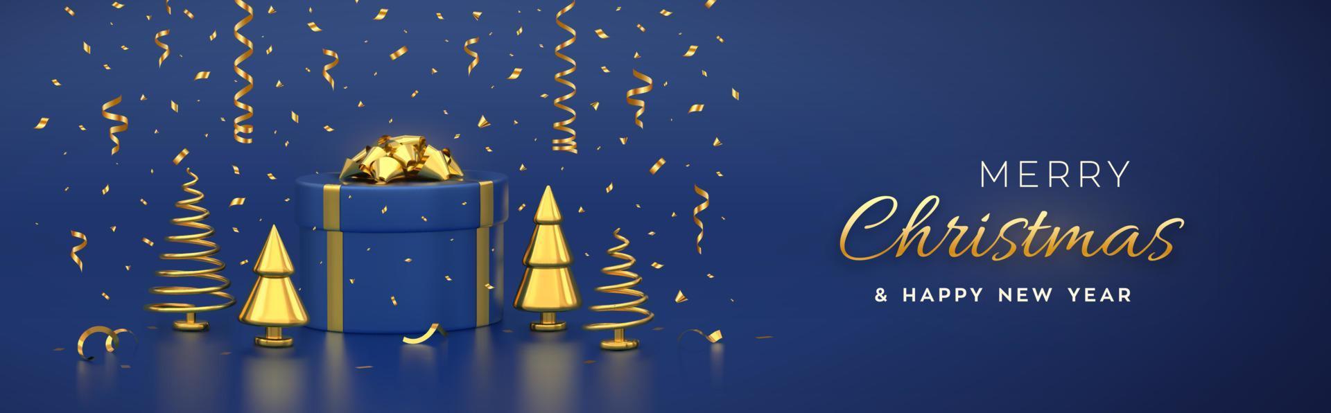 kerst spandoek. compositie van geschenkdoos met gouden strik en gouden metalen dennen, sparren. nieuwjaar kegelvormige bomen. xmas achtergrond, wenskaart, koptekst. vector 3D-realistische illustratie.