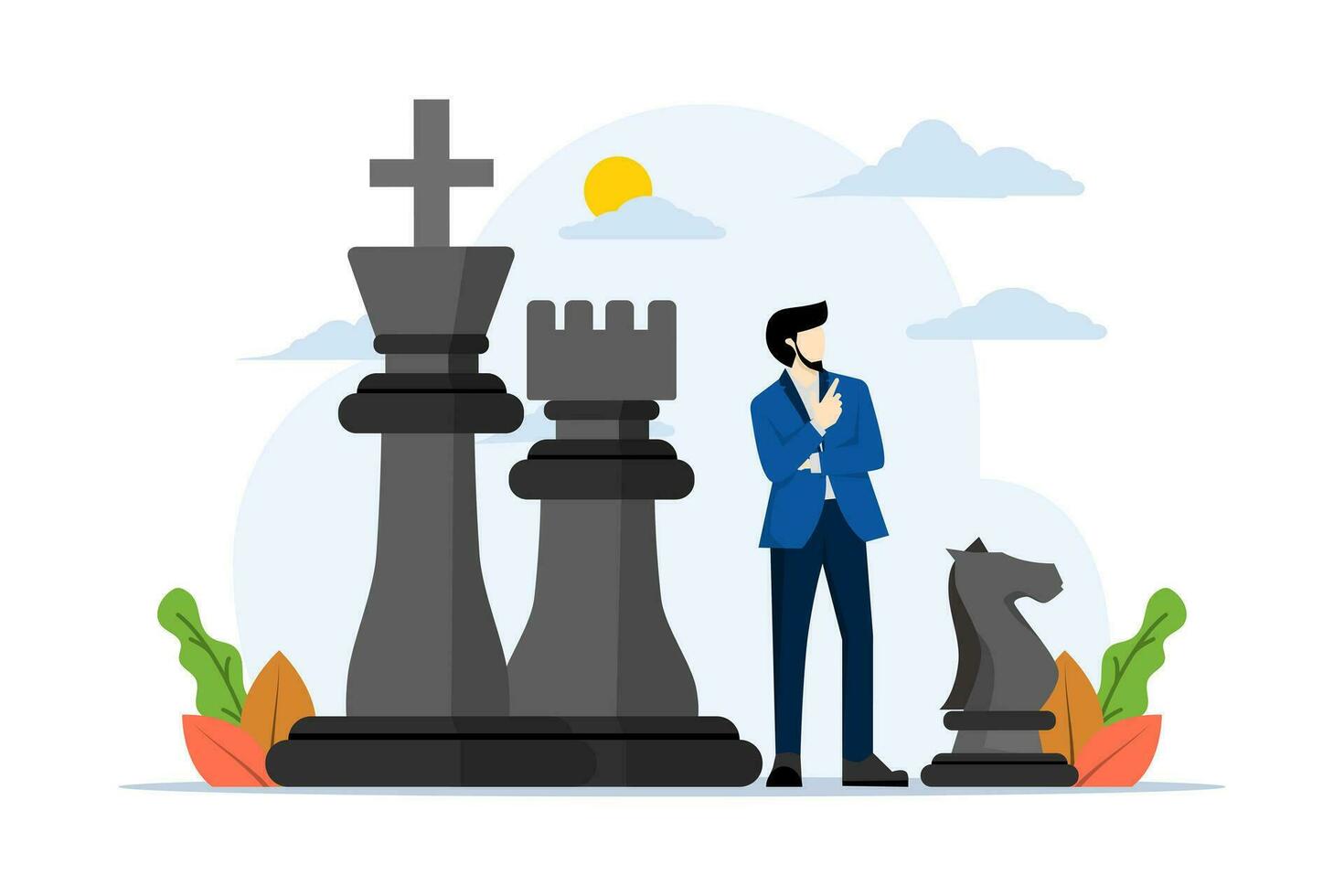 concept van strategisch denken naar winnen bedrijf wedstrijd, afzet strategie of planning naar maken beslissingen, uitdaging of probleem oplossen, zakenman denken overpeinzing met schaak stukken. vector