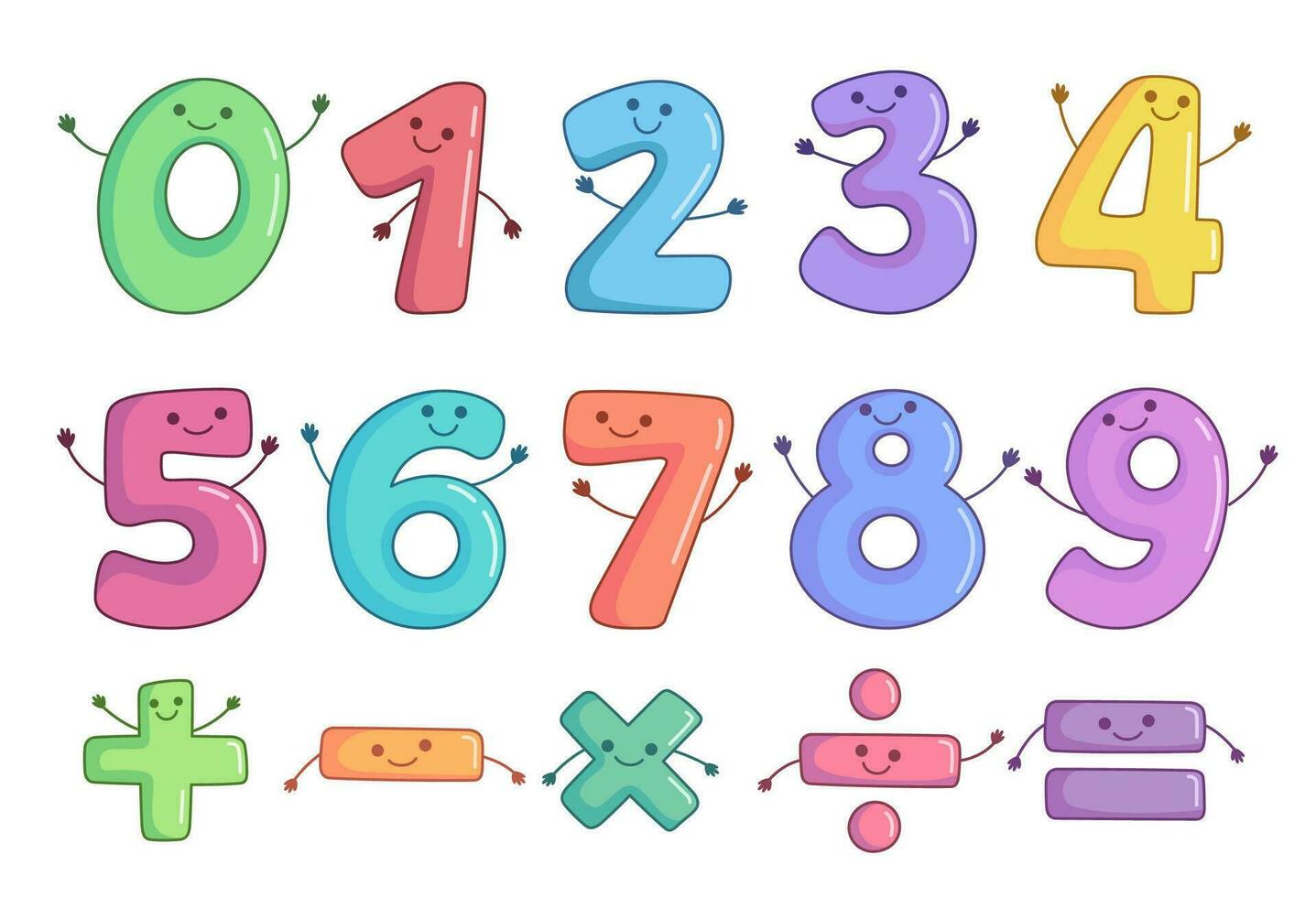 tekenfilm figuren, getallen en wiskunde symbolen. schattig kinderen illustratoren, reeks van vector tekens