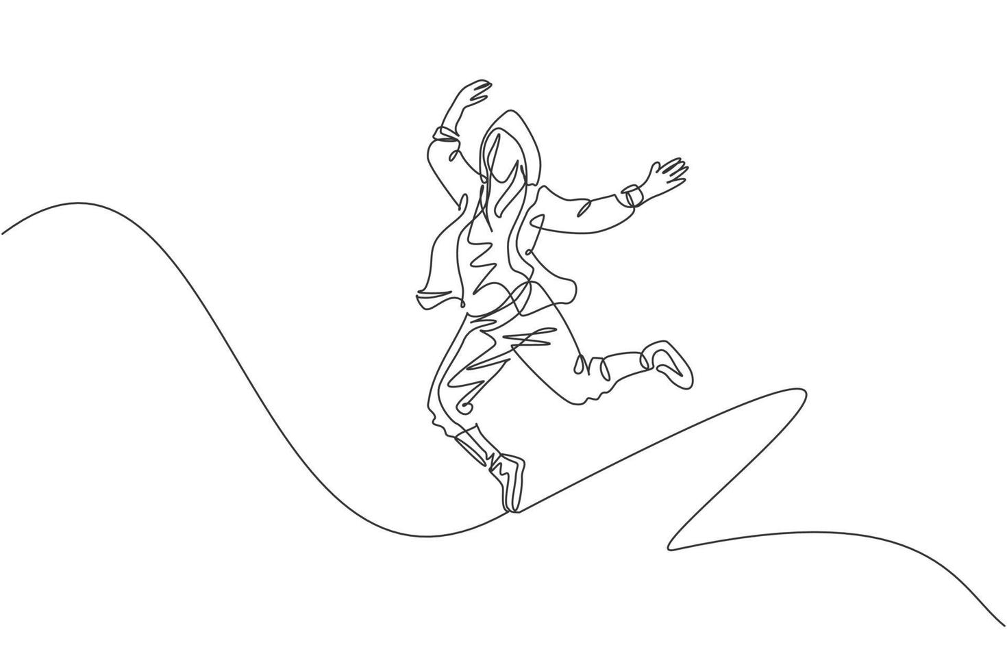 een doorlopende lijntekening van jonge sportieve breakdance-man toont hiphop-springende dansstijl op straat. stedelijke levensstijl sport concept. dynamische enkele lijn tekenen ontwerp vector grafische afbeelding