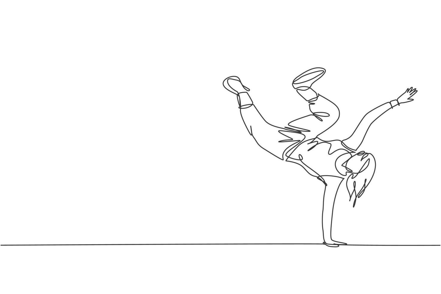 een doorlopende lijntekening van jonge sportieve breakdance-vrouw laat handstand hiphop-dansstijl op straat zien. stedelijke levensstijl sport concept. dynamische enkele lijn tekenen ontwerp vectorillustratie vector