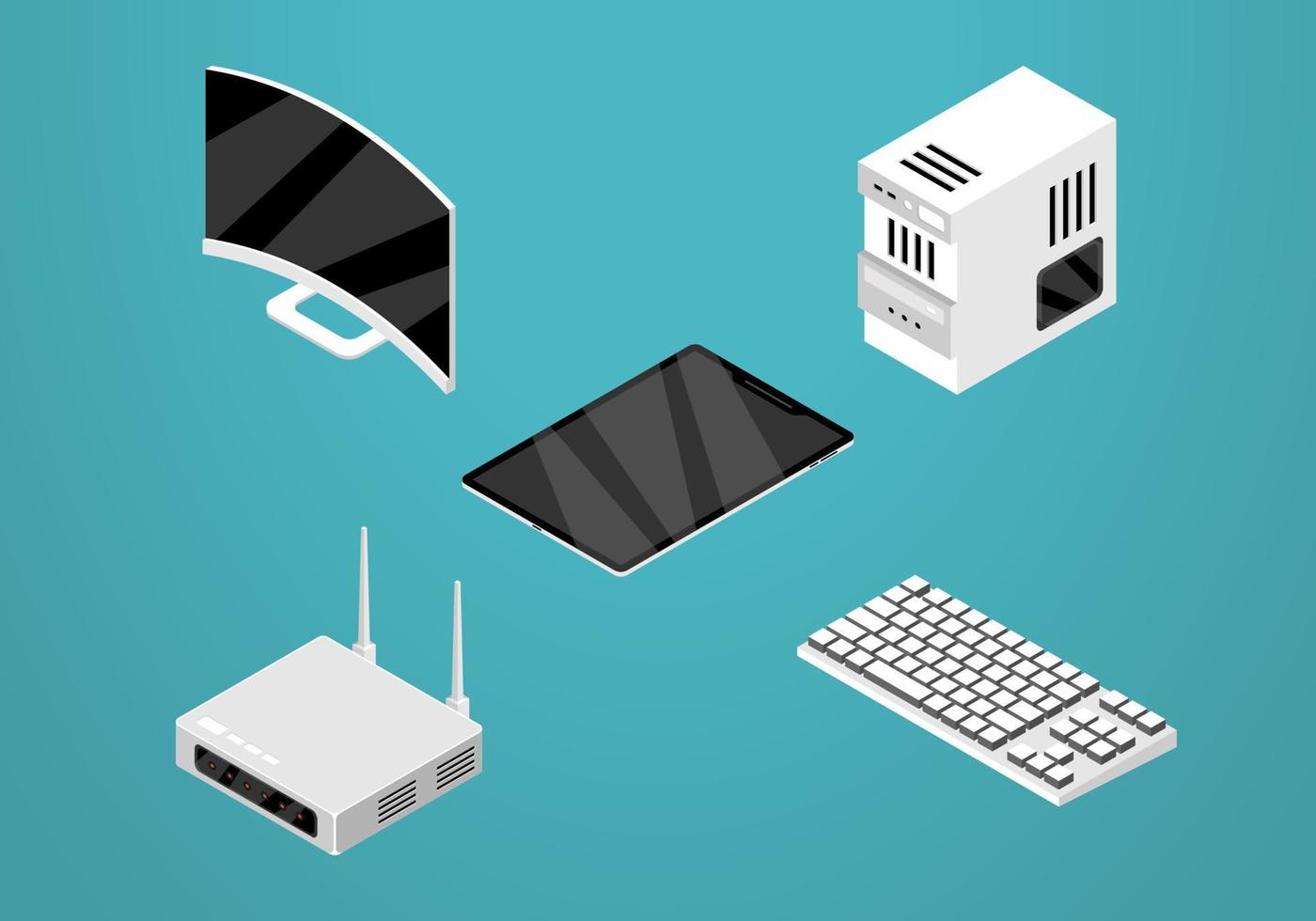 set isometrisch pictogramontwerp voor elektronisch. monitor gebogen, computer, router, tablet, toetsenbord vector