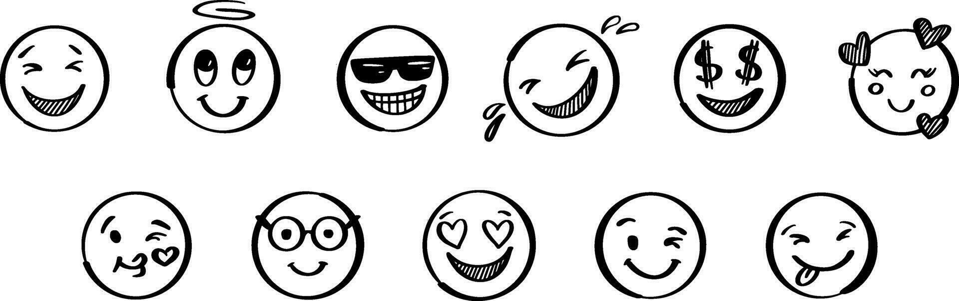 tekening positief emoji set. hand- getrokken schetsen vector illustratie. pak van verschillend uitdrukkingen emoticons.