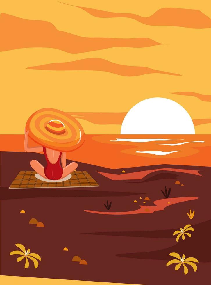 bikini meisje genieten van mooi zonsondergang Aan de strand. zomer vakantie illustratie, strand panorama. vector