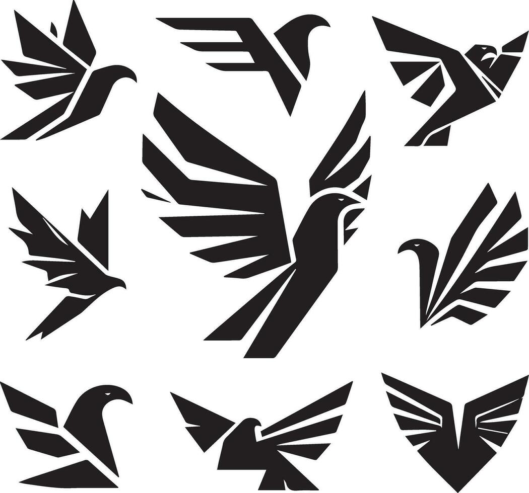 zwart silhouet solide vector reeks van pictogrammen Leuk vinden, adelaar, vogel, valk, havik, vlieger valk, adelaar embleem en zo Aan.