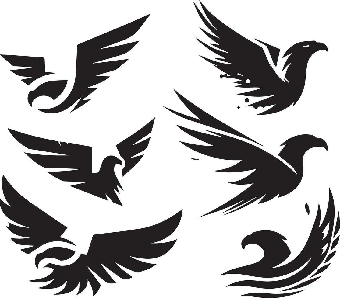 zwart silhouet solide vector reeks van pictogrammen Leuk vinden, adelaar, vogel, valk, havik, vlieger valk, adelaar embleem en zo Aan.