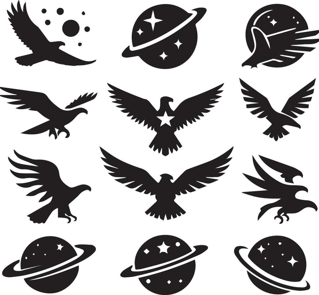 zwart silhouet solide vector reeks van pictogrammen Leuk vinden, adelaar, vogel, valk, havik, vlieger valk, adelaar embleem en zo Aan.