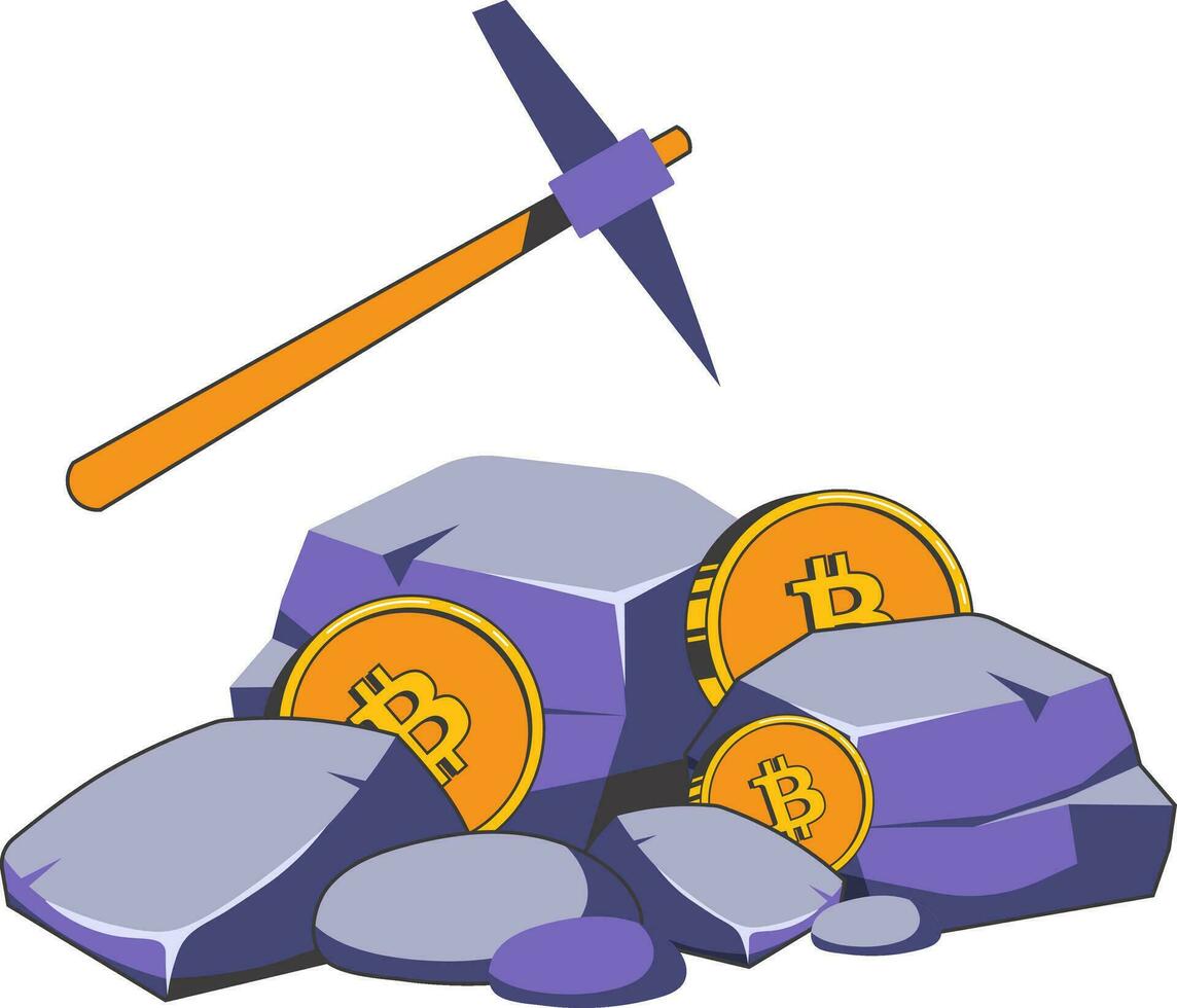 concept van bitcoin mijnbouw. stenen, pikhouweel en goud munten. vector illustratie van cryptogeld mijnbouw in retro stijl