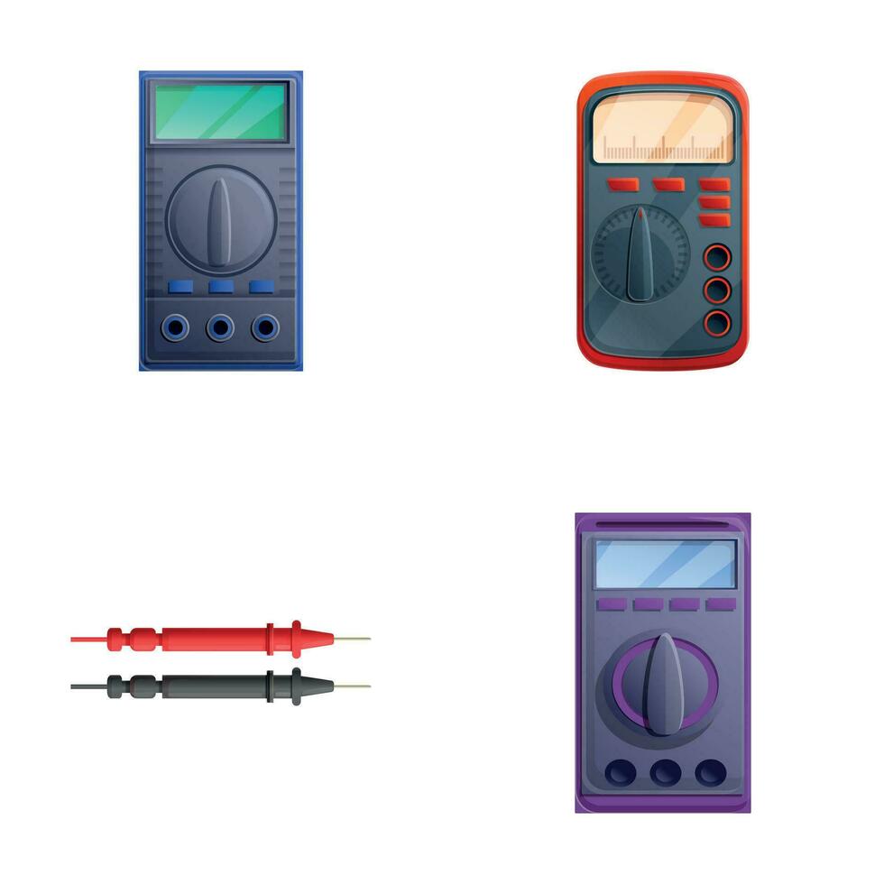 digitaal multimeter pictogrammen reeks tekenfilm vector. Spanning, stroomsterkte, ohmmeter vector