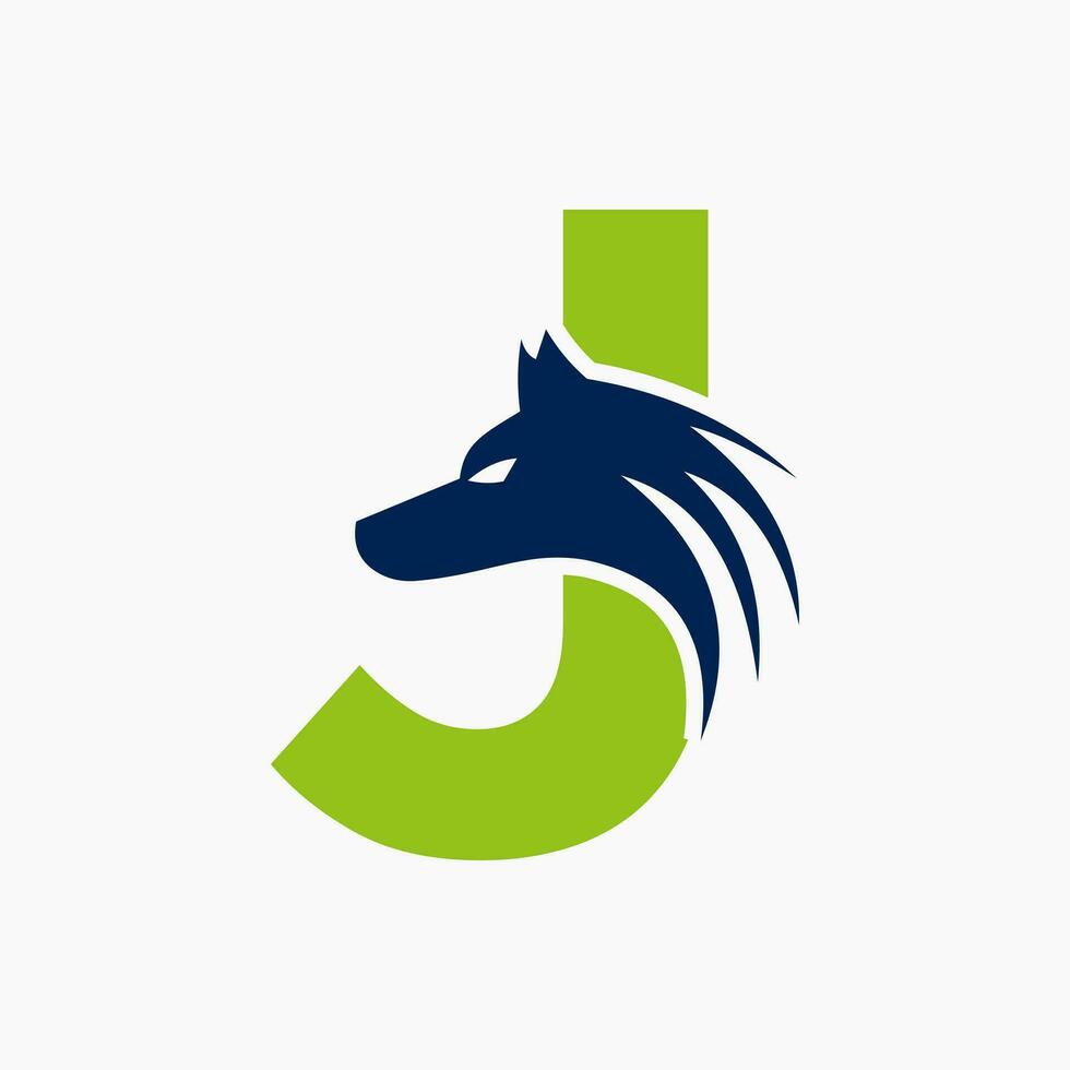 brief j wolf logo. wolf symbool vector sjabloon